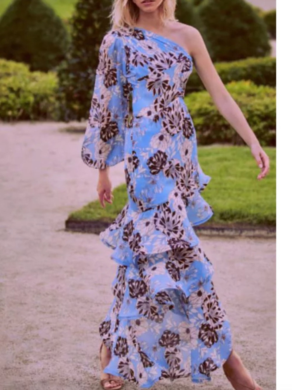 ALEXIS Abanna One Shoulder Bloom Blue Floral Maxi Dress Ruffle - Size XS